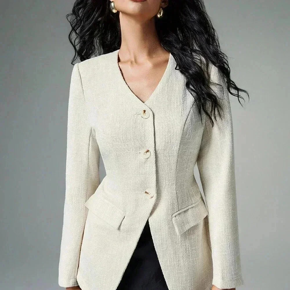 Apricot Elegant Women's Tweed Blazer With Wide Shoulders
